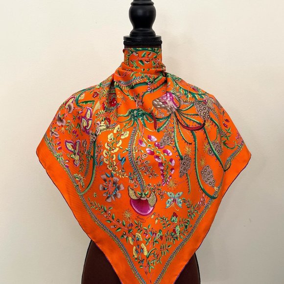 New Gucci Scarf Floral Orange Green Multicolor Flora Silk Wrap - Picture 3 of 16